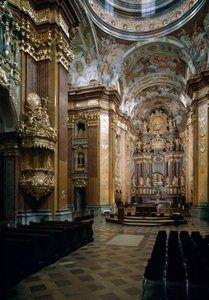 Sisäkuva arkkitehti Jakob Prandtauerin (1660-1726) suunnittelemasta Melkin benediktiinikirkosta, Johann Michael Rottmayrin (1656-1730) freskot. Melk, Itävalta tekijältä Jakob Prandtauer