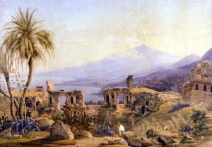Taormina Sisiliassa: rauniot ja Etna. Jacob Suterin maalaus, noin 1850. tekijältä Jakob Suter