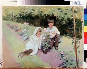 "" Au Rose Bone "" "Duas crianças em um jardim de rosas. Jakov Kalinichenko Pintura (1869-1938) 1908 Estado Regional I. Pozhalostin Art Museum, Ryasanfinnish