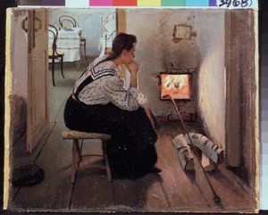 ""Ajatuksia uunilla"" (Ajatuksia liesillä) Nuori nainen istuu mietteliäänä tulen edessä. Jakov Kalinichenkon (1869-1938) maalaus 1897 Valtion alueellinen I. Pozhalostinin taidemuseo, Ryasan