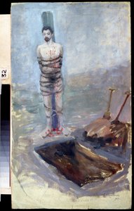 Revolução Russa de 1905: ""A Execução"" Um condenado amarrado a um poste perto de sua cova cavada. Pintura de Jakov Kalinichenko (1869-1938) 1905 State Regional I. Pozhalostin Art Museum, Ryasanfinnish