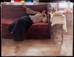 ""Dreams"" mietteliäs nuori tyttö makaa sohvalla. Jakov Kalinichenkon (1869-1938) maalaus 1904 Valtion alueellinen I. Pozhalostinin taidemuseo, Ryasan