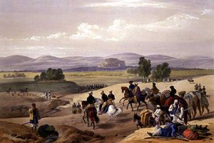 The Approach to the Fortress of Kwettah, "Sketches in Afghaunistan", kaiverrettu Charles Haghe (1810-88) ja Louis Haghe (1806-85), julkaisija Henry Graves tekijältä James (after) Atkinson