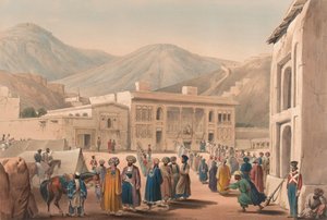 Shah Shoojah-ool-Moolkin Durbar-Khaneh, Cabaul [sic], noin 1840 (litografia, sävytetty). tekijältä James (after) Atkinson