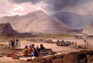 Urghundeen kylä kirjasta "Sketches in Afghaunistan", kaiverrettu Charles Haghe (1810-88) ja Louis Haghe (1806-85), julkaisija Henry Graves tekijältä James (after) Atkinson