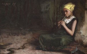 Tyttö hurmaamassa käärmettä (chromolitho)