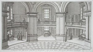 Sisäkuva teoksesta "Plans, Sections, and Elevations of the Radcliffe Library", kaiverrettu Pierre Fourdrinier (k.1758), julkaistu 1747 (kaiverrus) tekijältä James (after) Gibbs
