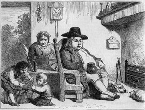 John Bull onnellinen: John Bull (tyypillinen englantilainen merkki, Englannin symboli) kotona vaimonsa ja lastensa kanssa. Gilbertin kaiverrus Gillrayn mukaan. "" Le Magasin viehättävässä""
