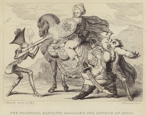 Poliittinen banditti hyökkäämässä Intian pelastajaa vastaan: Warren Hastings, Bengalin entinen kuvernööri, poliitikkojen Edmund Burken, Charles James Foxin ja Lord Northin hyökkäyksen kohteena