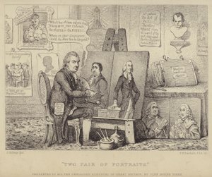 Kaksi muotokuvaparia: Whig-vastainen sarjakuva John Henry Tookesta ja Charles James Foxin muotokuvista paheesta ja William Pitt nuoremmasta, joka edustaa hyvettä