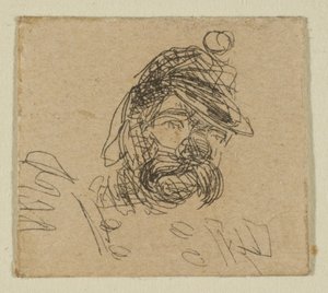 Parrakas mies sotilaslakissa Sketches on the Coast Survey -levystä, 1854-55. tekijältä James Abbott McNeill Whistler
