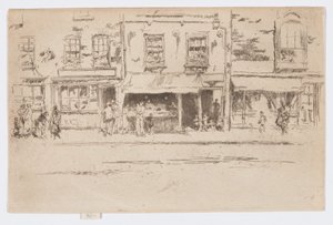 Fish Shop, Chelsea, n.1884-86 (etsaus; tussi paperille). tekijältä James Abbott McNeill Whistler