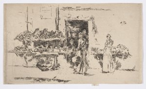 Vihanneskauppa, Pariisi, noin 1892-93 (etsaus; tussi paperille). tekijältä James Abbott McNeill Whistler