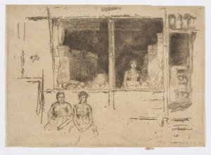 Melonikauppa, Hounsditch, n.1886-88 (etsaus; tussi paperille) tekijältä James Abbott McNeill Whistler