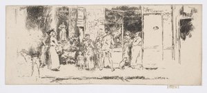 Sanomalehtikioski, Rue de Seine, n.1892-93 (etsaus; tussi paperille). tekijältä James Abbott McNeill Whistler