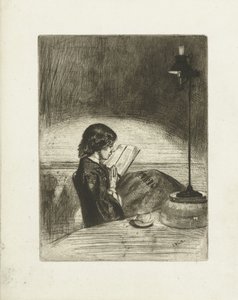 Muotokuva Deborah Delanosta lukemassa Lukeminen lampun valossa tekijältä James Abbott McNeill Whistler