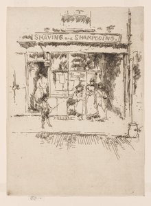 Parranajo ja shampoopesu, n.1886-88 (etsaus; tussi paperille) tekijältä James Abbott McNeill Whistler