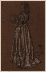 Seisova hahmo viuhkan kanssa, n.1873/1876 (mustavalkoinen liitu ruskealle paperille). tekijältä James Abbott McNeill Whistler