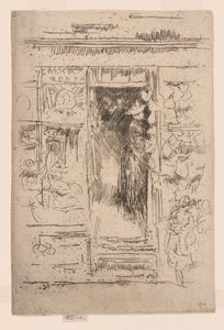 The Bonnet-Shop, noin 1884-86 (etsaus; tussi paperille). tekijältä James Abbott McNeill Whistler