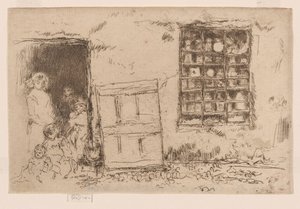 Kylän makeiskauppa, n.1884-86 (etsaus; tussi paperille) tekijältä James Abbott McNeill Whistler