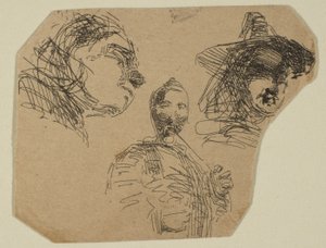 Kaksi naispäätä ja seisova hahmo luonnoksista rannikkomittauslevyllä, 1854-55. tekijältä James Abbott McNeill Whistler