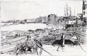 Näkymä Thamesista Lontoon altaan yllä (Englanti) vuonna 1859 kuuluu Thamesia käsittelevään kaiverrussarjaan, jossa korostetaan Englannin pääkaupungin merityöläisten yhteisöä. tekijältä James Abbott McNeill Whistler