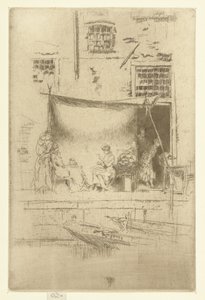 Naiset aurinkovarjon alla laiturilla Hedelmäkioski Kahdenkymmenenkuuden etsauksen sarja (sarjan nimi) tekijältä James Abbott McNeill Whistler