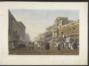 Näkymä basaarissa, joka johtaa Chitpore Roadille, "Näkymät Kalkuttaan ja sen ympäristöstä" 1826 (käsinvärinen akvatinta) tekijältä James Baillie (after) Fraser