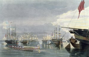Näkymä joelle, merenkulkuun ja Kalkutan kaupunkiin, lähellä Smiths Dockia, 1837, kaiverrus Robert Havell Nuorempi (1793-1878) (akvatinta)