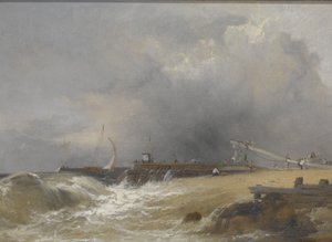Littlehampton Pier Sussexin rannikolla, n. 1842 (öljy kankaalle) tekijältä James Baker Pyne