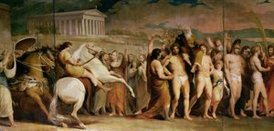 Crowning the Victors at Olympia, kolmas sarjasta The Progress of Human Culture and Knowledge, yksityiskohta keskuspaneelista, jossa näkyy Diagoras, n. 1777-1801 (katso 101472, 101473 ja 101475)