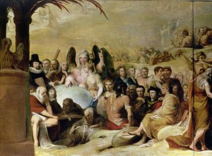 Elysium eli The State of Final Retribution, kuudes sarjassa The Progress of Human Culture and Knowledge n. 1777-1784, yksityiskohta tiedemiehistä ja filosofeista katsomassa maapalloa (katso al.