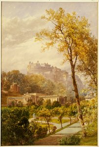 Näkymä Princes Street Gardensista ja National Gallerysta, Edinburgh länteen kohti linnaa, 1855