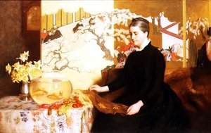 Nainen japanilaisella valkokankaalla ja kultakalalla (taiteilijan äidin muotokuva)