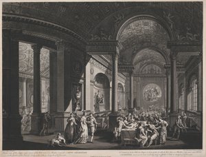 Sisänäkymä ehtoollishuoneesta ja osa juhlasalista paviljongissa, joka on pystytetty Fete Champetrea varten Earl of Derbyn puutarhassa