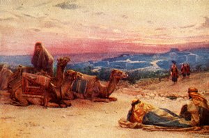 Palestiinan kylän ulkopuolella lepäävät matkustajat – Acts xx 5, c1924. Tekijät: James Clark, Henry A Harper.