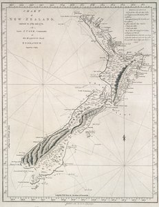 Uuden-Seelannin kartta, jonka Hänen Majesteettinsa laivan Endeavourin komentaja luutnantti J. Cook tutki vuosina 1769 ja 1770. tekijältä James Cook