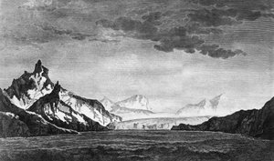 Paisagem da Baía de Possessão na ilha Geórgia do Sul, ilustração de Viagem ao Pólo Sul e Mundo Redondo, de James Cook (1728-1779), edição publicada em Paris em 1778 finlandês