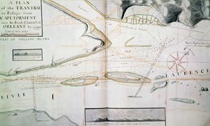 Kartta Saint Lawrence-joen risteyksistä lähellä Quebecia, lähellä Orleansin saarta, James Cookin (1728-1779) piirtämä kartta vuosina 1758-1763, Kanada