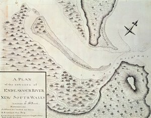 Kartta Endeavour-joen sisäänkäynnistä, kartta ensimmäisestä James Cookin (1728-1779) johtamasta matkasta vuosina 1768-1771, Australia