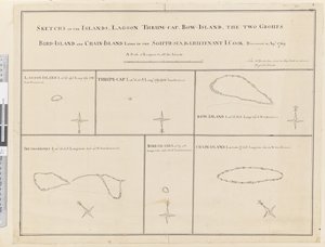 iii. Luonnoksia saarista Lagoon, Thrum-Cap, Bow-Island, kaksi ryhmää, Bird Island ja Chain Island, jotka sijaitsevat etelässä, meri... löydetty huhtikuussa 1769 tekijältä James Cook