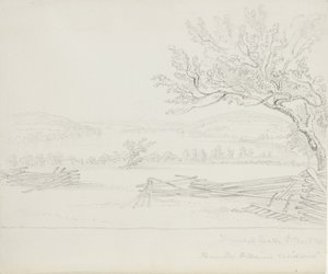 Derwent Lake Mr. W. Mains Residencestä, 1843 (grafiitti kermanvärisellä paperilla) tekijältä James David Smillie