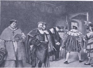 Kuningas Henry VIII:n kardinaali Wolseyn erottaminen, Waverley Book Companyn julkaisemasta Cassells History of the British People -julkaisusta, noin 1950-luku tekijältä James Dromgole Linton
