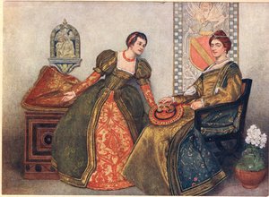 Portia ja Nerissa, kuvitus teoksesta "Venetsialainen kauppias", n. 1910