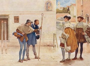 Shakespearen Venetsian kauppias: Bassanio, Lorenzo, Vanha Gobbo ja Launcelot Gobbo (värilitra). tekijältä James Dromgole Linton