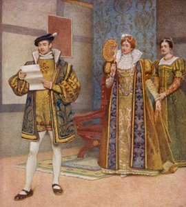 Shakespearen Venetsian kauppias: Bassanio, Portia ja Nerissa (värilitografia). tekijältä James Dromgole Linton