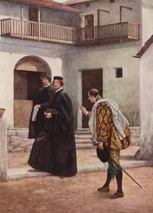 Shakespearen Venetsian kauppias: Portia, Nerissa ja Gratiano (värilitografia). tekijältä James Dromgole Linton