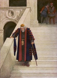 Shakespearen Venetsian kauppias: Shylock lähdössä herttuan palatsista (värilitografia). tekijältä James Dromgole Linton