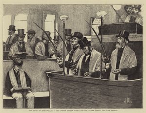Lehtimajanjuhla Pohjois-Lontoon synagogassa, lukija ottaa palmunhaaran tekijältä James Dromgole Linton