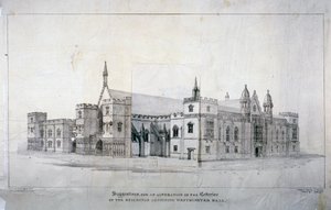 Muutosehdotuksia Westminster Hallin vieressä oleviin rakennuksiin, Lontoo, n. 1825. tekijältä James Duffield Harding